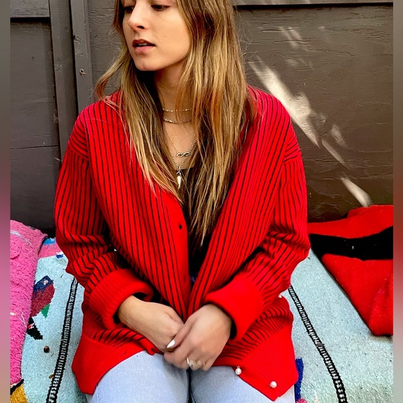 Opening ceremony red and black striped cardigan pearl buttons oversized fit - Picture 4 of 4